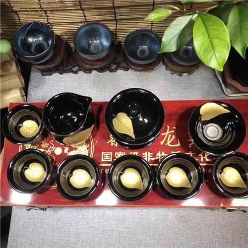 蔡寿龙建盏 乌金釉金木叶茶具十二件套装